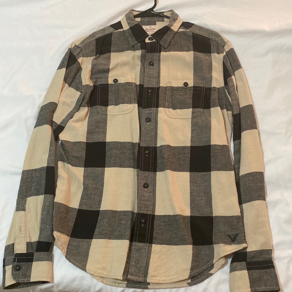 American Eagle flannel button down shirt, black/cream checkers